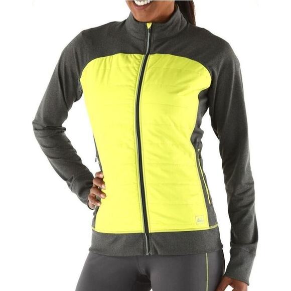 REI Jacket Women's XL Green Black Full Zip Pockets Thamhole Sleeve Mock Neck - Picture 1 of 8